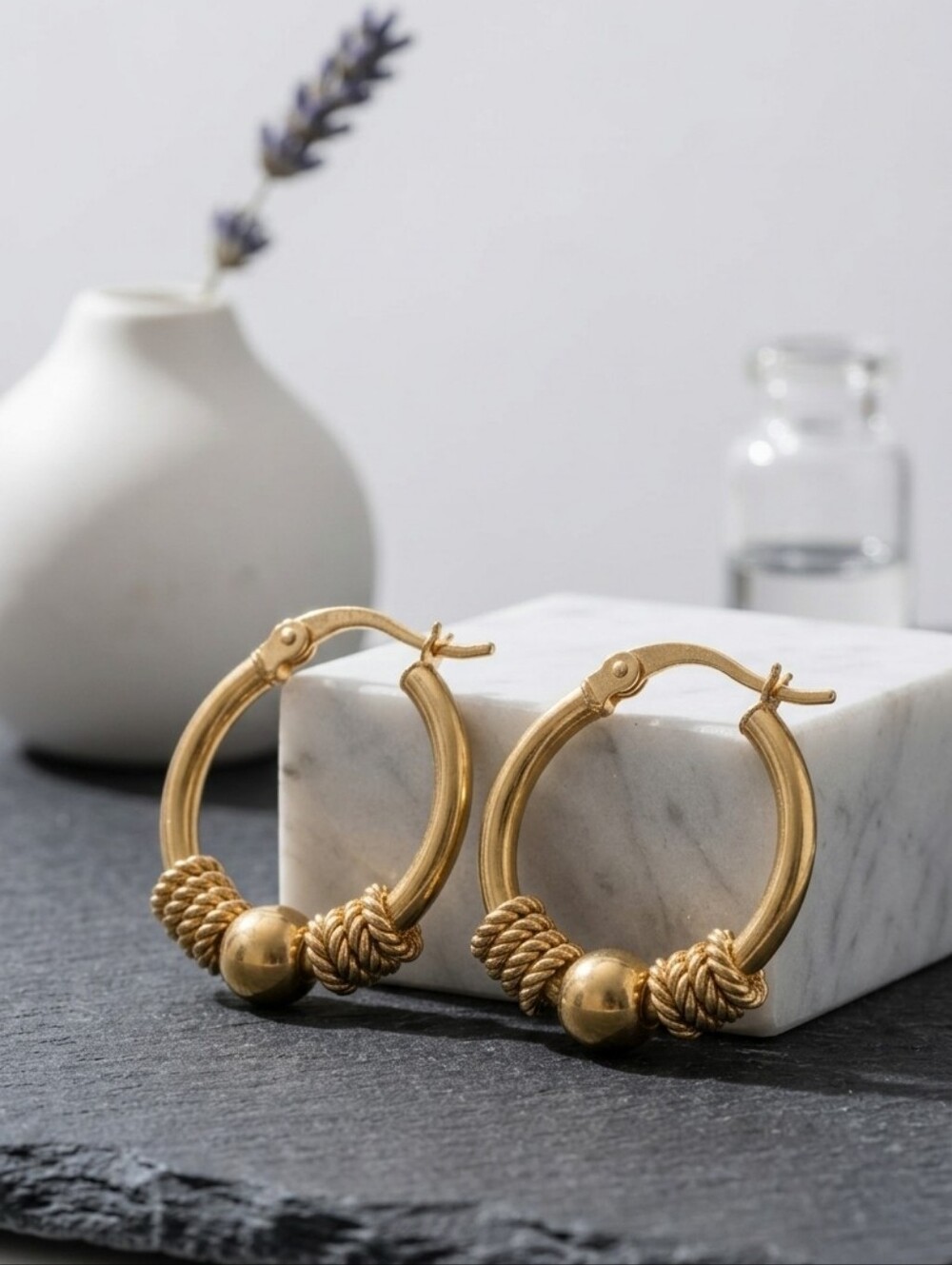 Bali Rope Knot Ball Bead Hoop Earrings 18K Gold Plated 304 Non-Tarnish Boho 0.9"